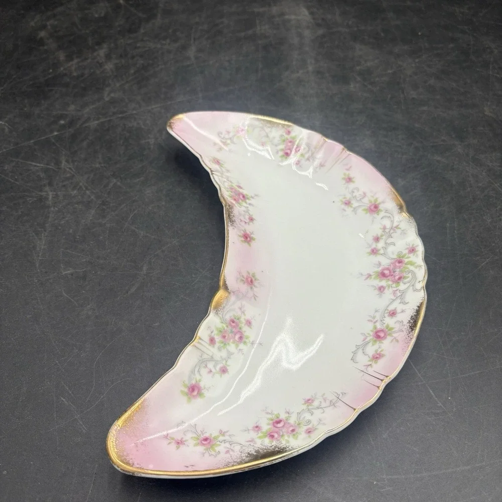 Lefton China Trinket Dish Dainty Pink Rose, Gold Trim Crescent Shape